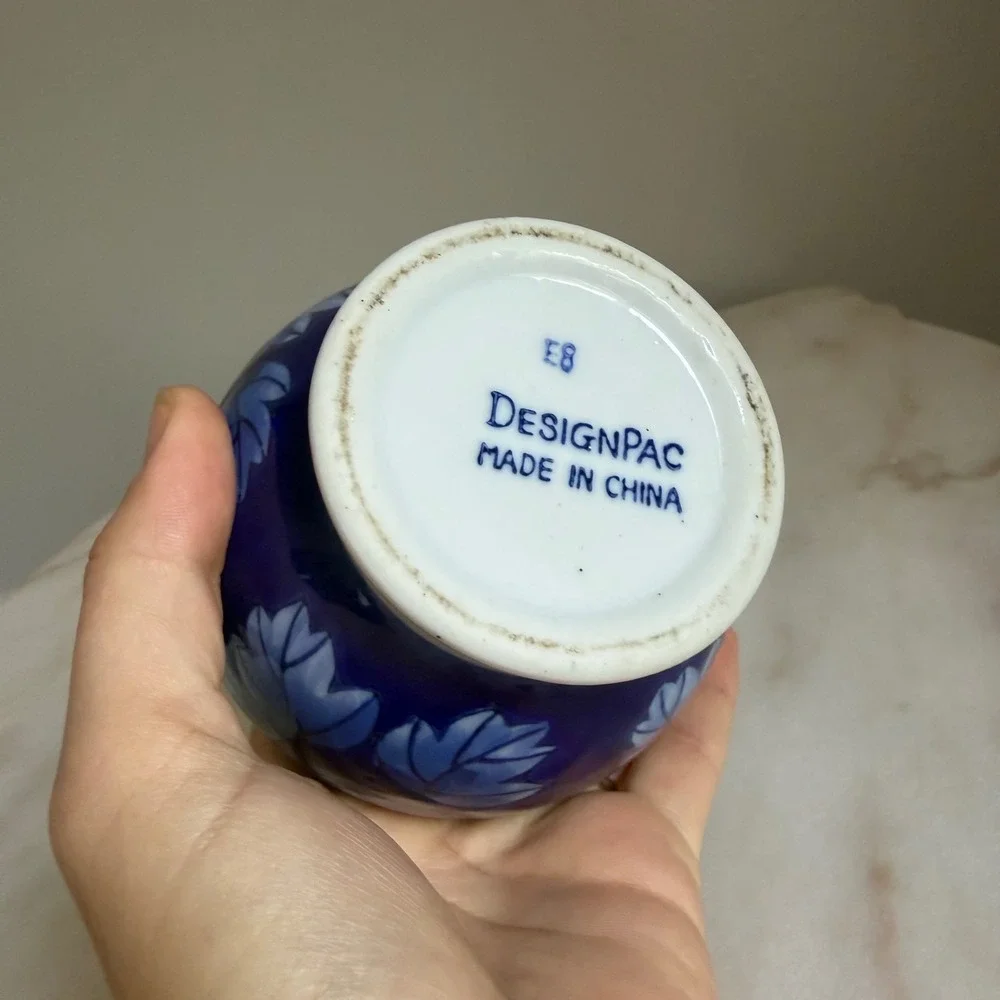 DesignPac Cobalt Blue Ceramic Sugar Bowl with Lid Leaf Pattern Round Jar